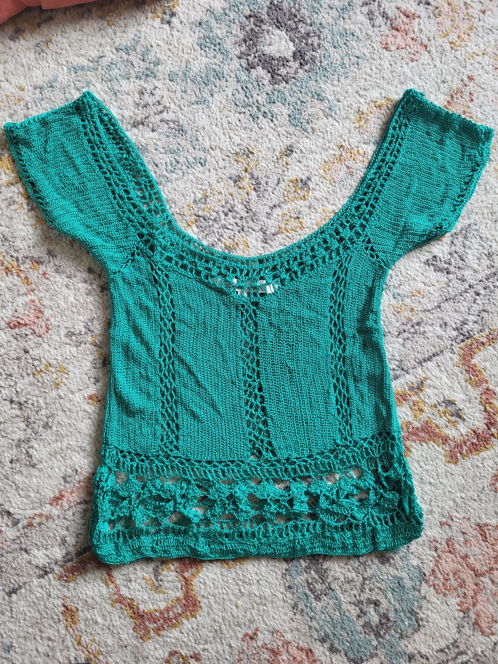 Rare 90s Vintage Lovers + Friends Teal Crochet Knit Scoop Neck Top
